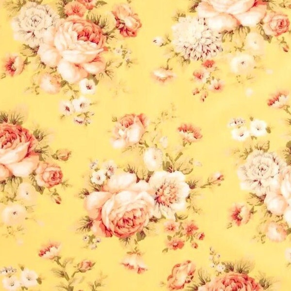 Roses on Yellow Floral Fabric, Peach Pink Roses, Romantic Floral, Large Floral, NEW Cotton Woven Fabric BTHY - 1/2 Yard - NF5464