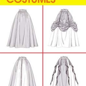 May include: A McCall's Costumes sewing pattern illustration featuring four variations of a floor-length skirt. The designs include a simple gathered skirt, a skirt with a draped bustle, a skirt with a front panel, and a skirt with side ruffles.