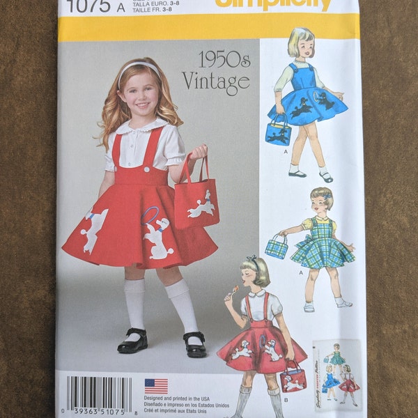 Girls Jumper Dress Pattern, 1950s Poodle Skirt, Simplicity 1075, Size 3 to 8, 50s Vintage Reprint Jumper, NEW Pattern - NP1081