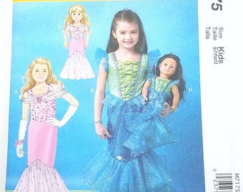 Girls Mermaid Princess Dress Pattern, Doll Mermaid Costume, McCalls 7175, Doll and Girls Sizes 3 to 8, RARE UNCUT Pattern - CP5505