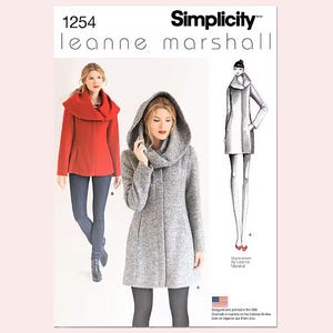 May include: Simplicity sewing pattern 1254 by Leanne Marshall. The pattern features a coat with a hood and a red coat. The image includes the text "Designed and printed in the USA".