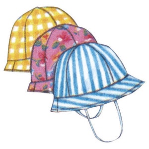 May include: Three colorful bucket hats. The first hat is yellow with a white checkered pattern. The second hat is pink with a floral design. The third hat is blue and white striped. Each hat has a chin strap.