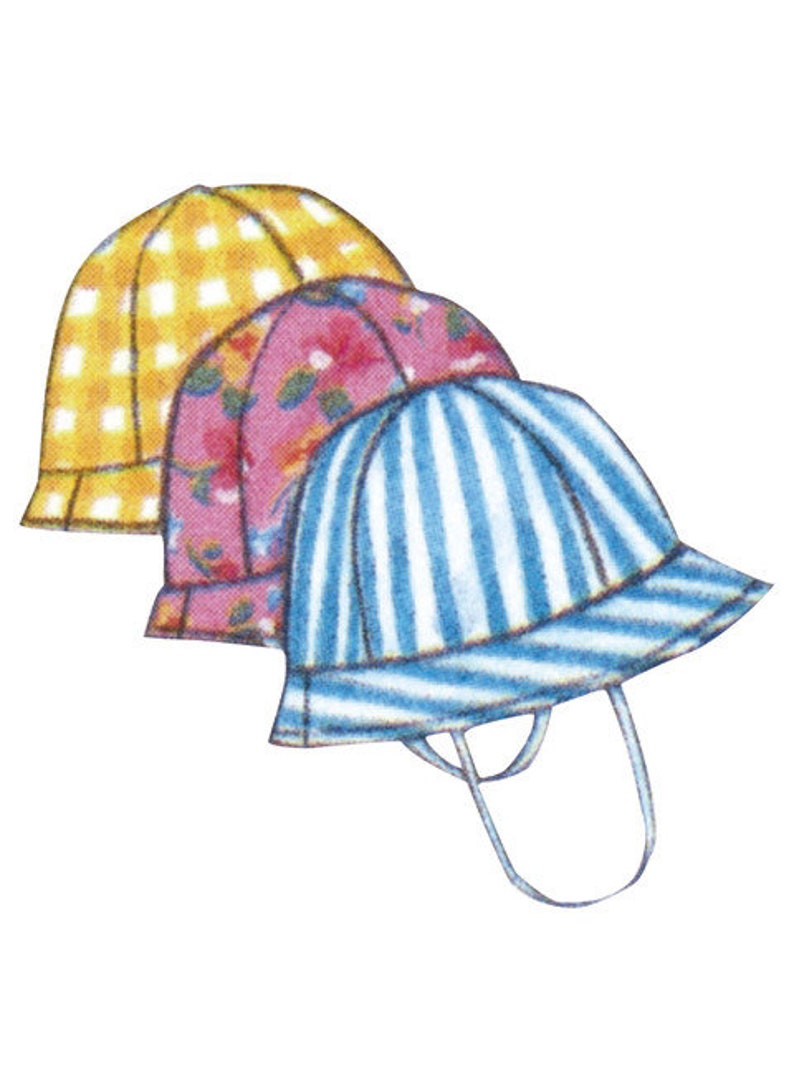 May include: Three colorful bucket hats. The first hat is yellow with a white checkered pattern. The second hat is pink with a floral design. The third hat is blue and white striped. Each hat has a chin strap.