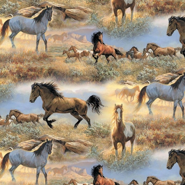 Mustangs Running Wild Fabric, Prairie Horses, Western Scene Fabric, Licensed by Wild Wings, NEW Fabric BTHY - 1/2 Yard - NF2503