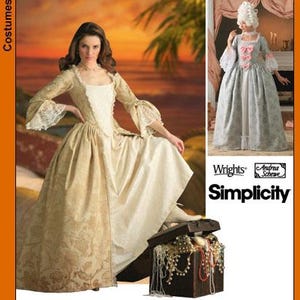 May include: A woman in a cream-colored, long-sleeved gown with lace trim, posing near a treasure chest filled with pearls. The image includes a smaller picture of a similar costume and the text "Simplicity". The word "Costumes" is in the upper left corner.