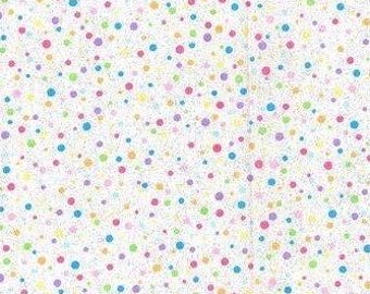 Easter Polka Dot Fabric, Pastel Dots with Glitter, Random Rainbow Dots on White, New OOP Fabric BTHY - Per HALF Yard - NF3257