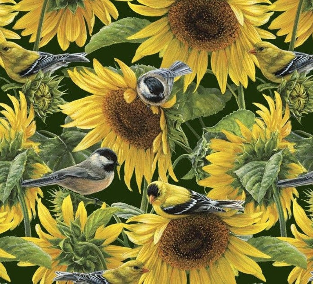 Sunflower Floral Fabric With Birds, X Large Sunflower Print, Sunflowers