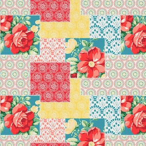 May include: A patchwork fabric featuring a repeating pattern of square blocks. The design includes sections with red floral prints on teal, yellow geometric lace patterns, white and teal fan motifs, and solid red squares with white circular patterns.