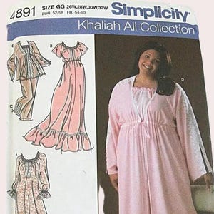 May include: A Simplicity sewing pattern envelope for the Khaliah Ali Collection, number 4891, size GG. The package displays illustrations and a photograph of a long, light pink robe with white lace trim details, designed for various garment styles.
