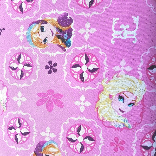 Disney Frozen Licensed Fabric, Elsa and Ana, Patchwork Design with All Over Glitter, OOP Childrens Fabric BTHY - 1/2 Yard - NF2059