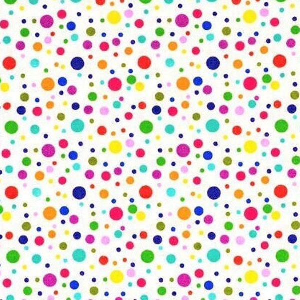 Rainbow Polka Dot Fabric, Multi Color Dots on White, Happy Festive Polka Dots, NEW Fabric off the Bolt BTHY - 1/2 Yard - NF5456