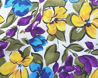Floral Vintage Fabric, Large Hawaiian Floral 1970s Print, Purple Blue Yellow, Bold Floral Vintage Fabric, 40 Inches plus - VW0604