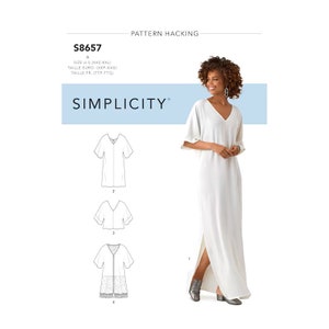 May include: A Simplicity S8657 sewing pattern envelope featuring a white floor-length dress with a V-neckline, short sleeves, and a side slit. The packaging includes technical line drawings of four variations of the garment, labelled with size U.S. XXS-XXL.