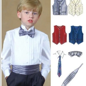 May include: A young person in a formal outfit, including a white pleated shirt, black pants, and a gray bow tie. The image also shows illustrations of vests, ties, and accessories in various colors and patterns, suitable for formal occasions.