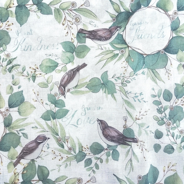 Grow in Love Fabric by Susan Winget, Garden Design with Birds, Script with Sparrows, NEW Fabric Off the Bolt, 21 Inches - NF5168