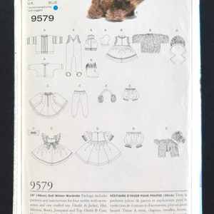 May include: A sewing pattern for a doll's winter wardrobe, including a jacket, hat, mittens, boots, jumpsuit, dress, bloomers, and a stuffed dog. The pattern includes instructions for 18-inch (46cm) dolls.