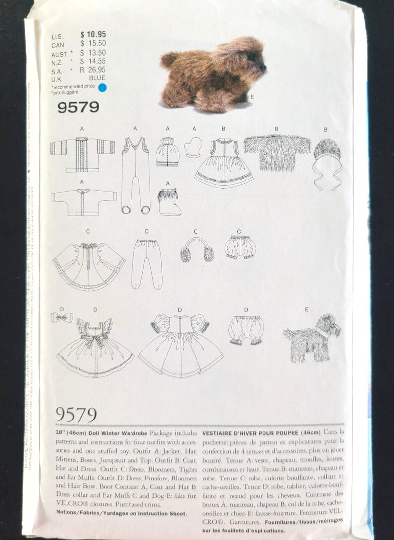 May include: A sewing pattern for a doll's winter wardrobe, including a jacket, hat, mittens, boots, jumpsuit, dress, bloomers, and a stuffed dog. The pattern includes instructions for 18-inch (46cm) dolls.
