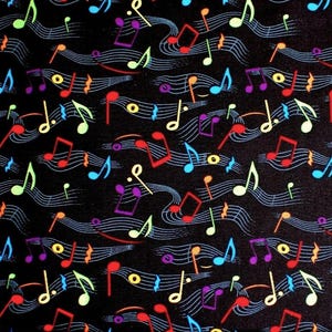 May include: Black fabric with a repeating pattern of colorful musical notes and staves. The notes are in various colors, including red, yellow, green, blue, and purple. The staves are a light blue color.