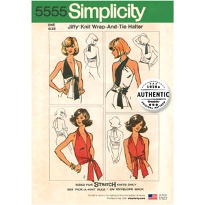 May include: Simplicity pattern 5555 for a Jiffy Knit Wrap-And-Tie Halter top. The vintage sewing pattern features illustrations of the halter top in black and white, and red. The pattern is sized for stretch knits. The pattern is an authentic 1970s original.