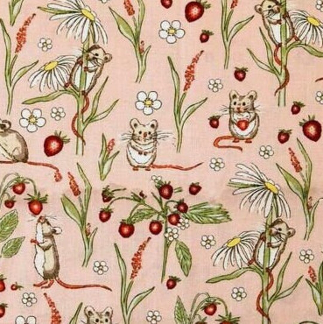 Mouse And Raspberry Fabric Strawberries Mice on Light Pink Fabric, Strawberry Chasers, Cute ...