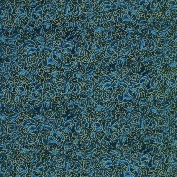 Floral Fabric, Dark Blue Roses with Gold Highlights, Robert Kaufman, Shades of Rich Royal Blue, NEW OOP Fabric BTHY - 1/2 Yard - NF1565