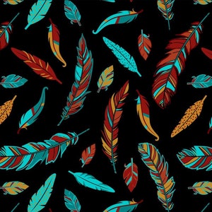 May include: A repeating pattern of colorful feathers in shades of teal, red, and gold on a black background. The feathers vary in size and design, creating a dynamic and visually appealing textile pattern.