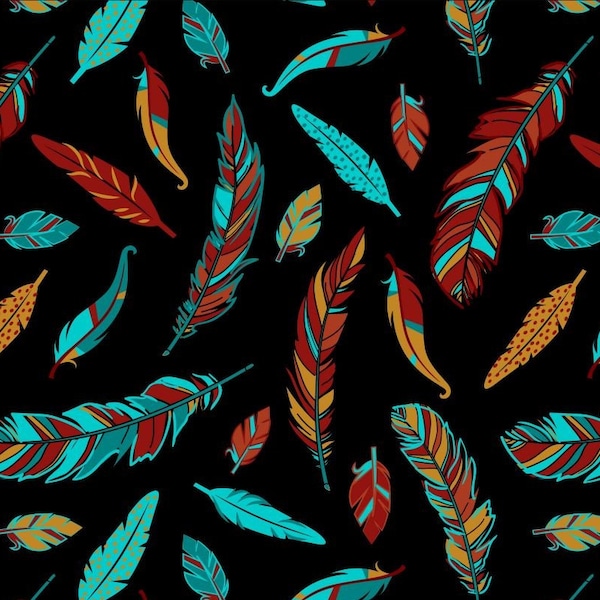 Southwestern Feather Fabric, Whimsy Feathers, Native American Style, Turquoise Rust Gold Black, NEW Fabric, 17 Inches - NF4433