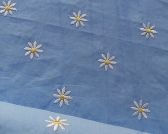 Floral Fabric, Embroidered Daisy on Light Blue, Chambray Style Fabric with Daisies, NEW Fabric BTHY - 1/2 Yard - NF5226