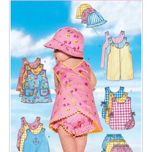 May include: A baby fashion essentials pattern by Butterick, B5625, featuring a pink floral sun hat, dress, and bloomers. Additional patterns include overalls and sun hats in various colors and patterns. The word "baby" is in pink text.