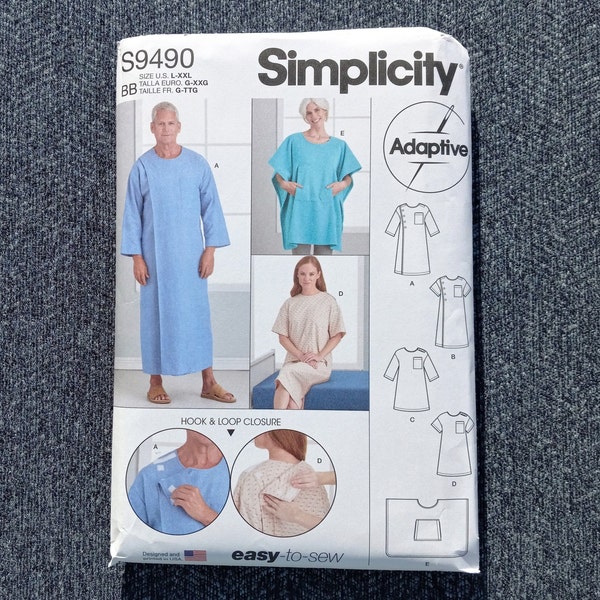 Medical Care Gown Pattern, Recovery Gown and Bed Robe, Home Care Patient, Simplicity 9490, Unisex L Xl  XXl, NEW OOP Pattern - NP3405