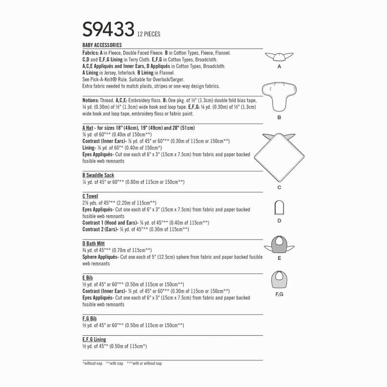May include: A product sheet for baby accessories, pattern S9433, with detailed instructions and fabric requirements. Includes diagrams for a hat, swaddle sack, towel, bath mitt, and bibs. Measurements are in inches and yards.