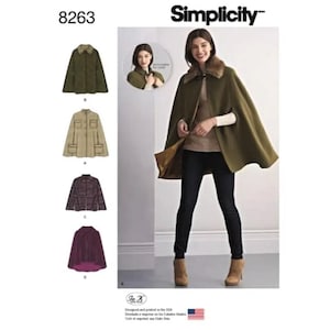 May include: Simplicity pattern 8263 features a cape with a faux fur collar. The image shows the cape in olive green, with a model wearing it. Additional cape variations are shown in tan, plaid, and burgundy. The pattern is designed and printed in the USA.