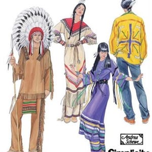 May include: Illustration of Native American-inspired costumes. The costumes include a tan fringed outfit with a headdress, a cream-colored dress with red accents, a purple dress, and a yellow jacket with a cross design. The Simplicity logo is visible.