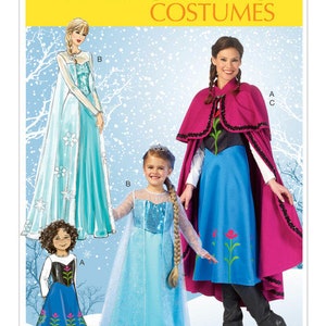 May include: McCall's Costumes pattern featuring illustrations of several Frozen-themed dresses. The dresses are in shades of blue, with one having a pink cape. The image includes the text "McCall's Costumes" in yellow and black.