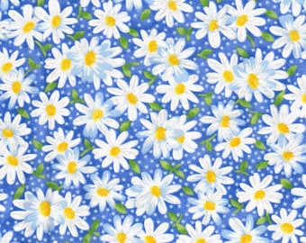 Blue Daisy Floral Fabric, White Daisies Print, Easter Spring Summer, NEW Fabric BTHY - Per HALF Yard - NF6294