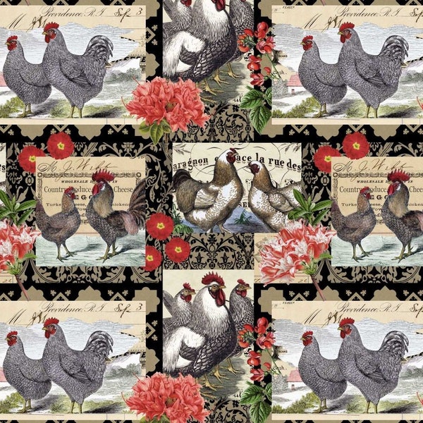 Country Farm Chicken Fabric, Large Rustic Vintage Design, Roosters Hens Floral Antique Style Print, NEW Fabric - 17 Inches - NF4447