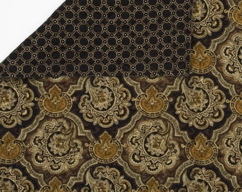 Quilted Floral Paisley Fabric, Browns Gold Black, Large Print 2 Sided, Gold Highlights, NEW Pre Quilted Fabric - 23 Inches - QF4894