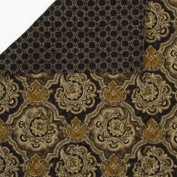 Quilted Floral Paisley Fabric, Large Print 2 Sided, Browns Gold Black, Gold Highlights, NEW Pre Quilted Fabric BTHY - 1/2 Yard - QF4393