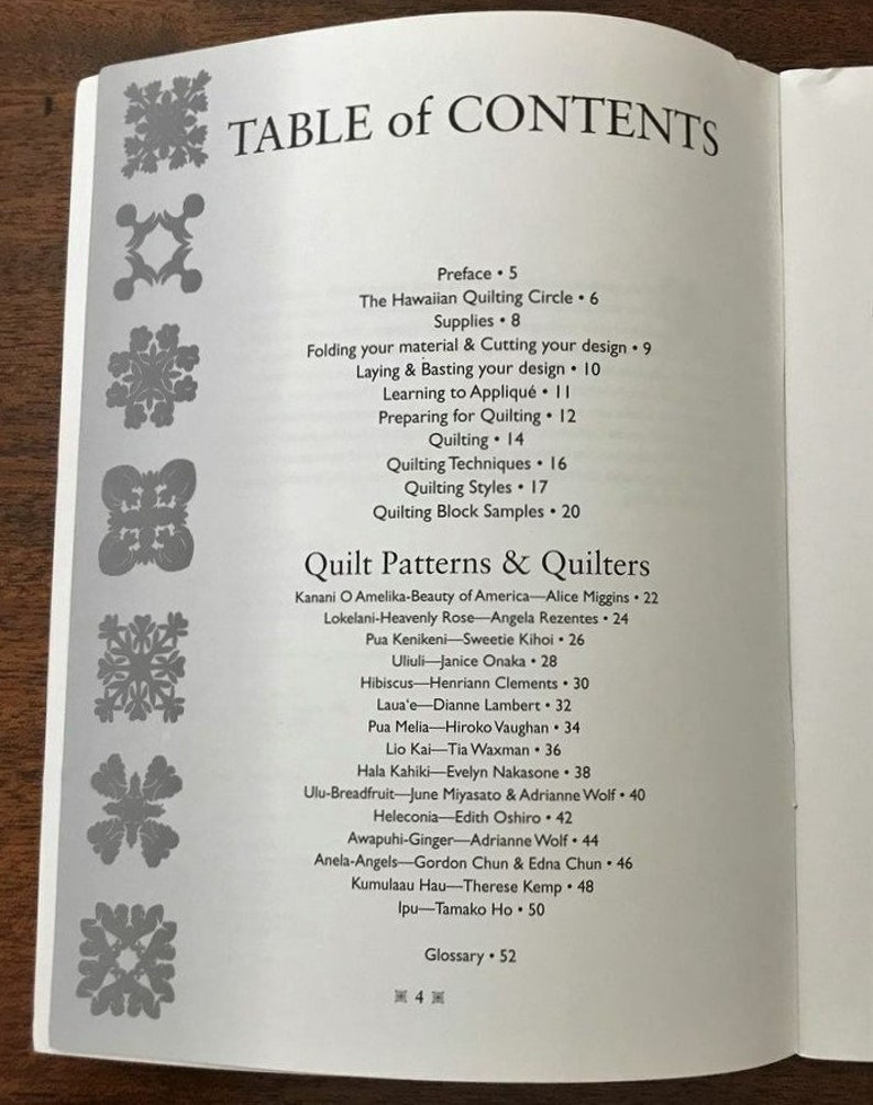 May include: Open book page with the title "TABLE of CONTENTS" and a list of topics related to quilting. The page includes sections on quilting techniques, styles, and block samples, along with a list of quilt patterns and quilters.