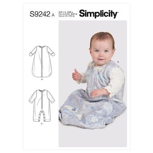May include: A baby wearing a light blue and white sleep sack with a zipper closure, featuring a pattern of unicorns and stars. The image also shows a pattern for a sleep sack and a jumpsuit. The Simplicity logo is visible.