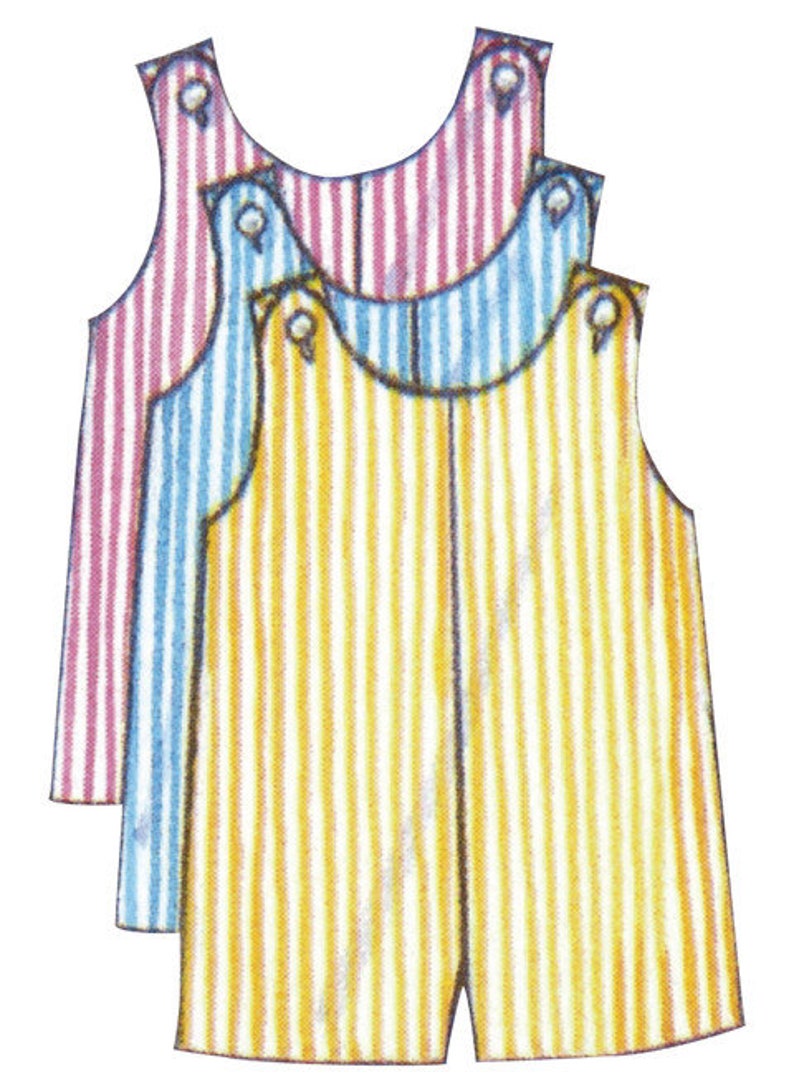 May include: Three striped rompers in pink, blue, and yellow. Each romper has vertical stripes and button details on the shoulder straps. The rompers are sleeveless with a rounded neckline and a short leg.