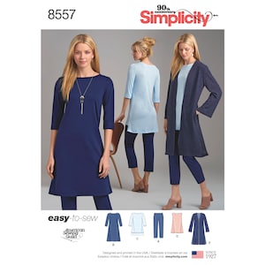 May include: Simplicity sewing pattern featuring a navy blue tunic dress, a light blue tunic top, navy blue pants, a pink top, and a navy blue cardigan. The pattern includes the text "easy-to-sew" and the American Sewing Guild logo.