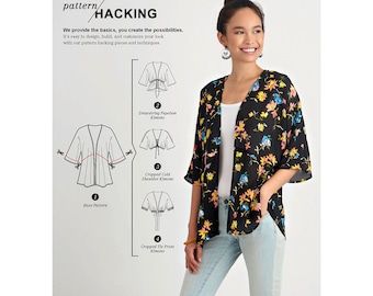 May include: Simplicity pattern S8887 A for a kimono with floral print on a black background. The pattern includes instructions for pattern hacking, showing a base pattern and variations like a drawstring peplum, cropped cold shoulder, and tie front.