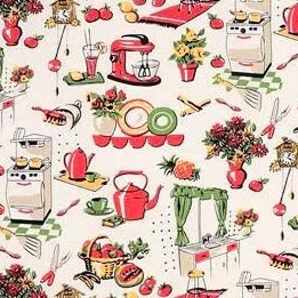 Fifties Kitchen Fabric, Michael Miller Fabrics, Retro Kitchen on Cream, 50s Style Print, NEW Fabric BTHY - 1/2 Yard - NF2186