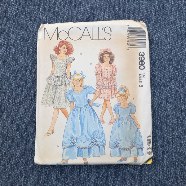Girls Formal Dress Vintage Pattern, 1980s Flower Girl or Holiday Dress, McCalls 3980, Size 8, UNCUT OOP Vintage Pattern - VP3621