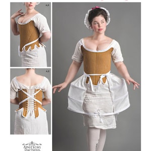 May include: A historical costume pattern featuring a tan corset with white trim and a white skirt. The corset has a structured design with a laced back. The image includes the text "Simplicity" and "American Duchess."