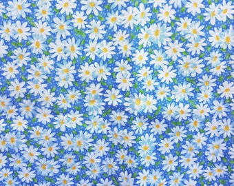 Floral Fabric, Blue Daisy Fabric, White Daisies Print, Easter Spring Summer, NEW Fabric Off the Bolt BTHY - 1/2 Yard - NF4166