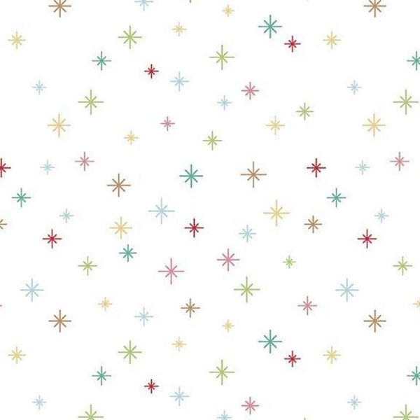 Christmas Fabric, Retro Multi Color Stars, Lori Holt, Riley Blake, White Sparkles Fabric, NEW Holiday Fabric BTHY - 1/2 Yard - HF4250