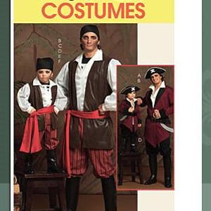 May include: McCall's Costumes pattern featuring pirate costumes. The image shows a man and child in pirate attire, with a smaller inset image of additional costume variations. The costumes include vests, shirts, red sashes, and striped pants.