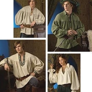 May include: Four images of Renaissance-style shirts. The shirts are beige and green, with long, puffy sleeves and a loose fit. Some shirts have decorative trim around the neckline and cuffs. The shirts are paired with belts and dark pants.